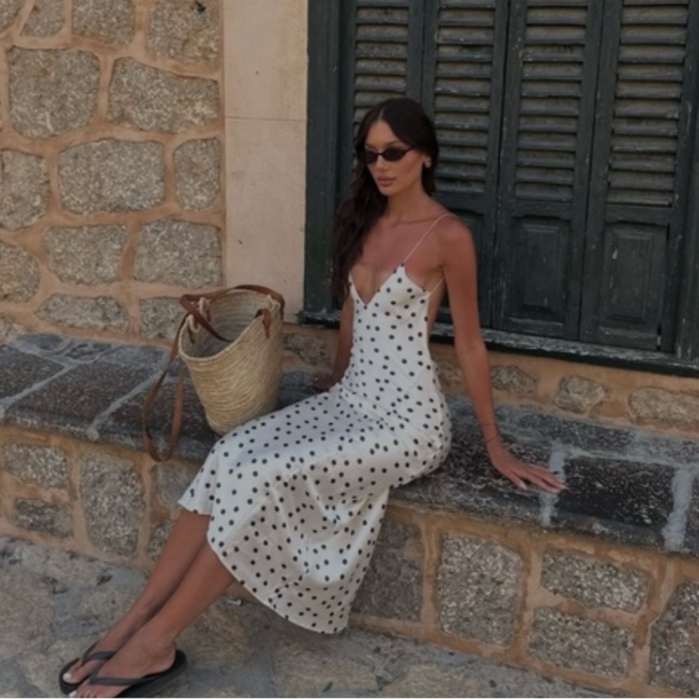Zara NWT satin polka dot midi dress white with brown 3067/214 - Picture 6 of 16
